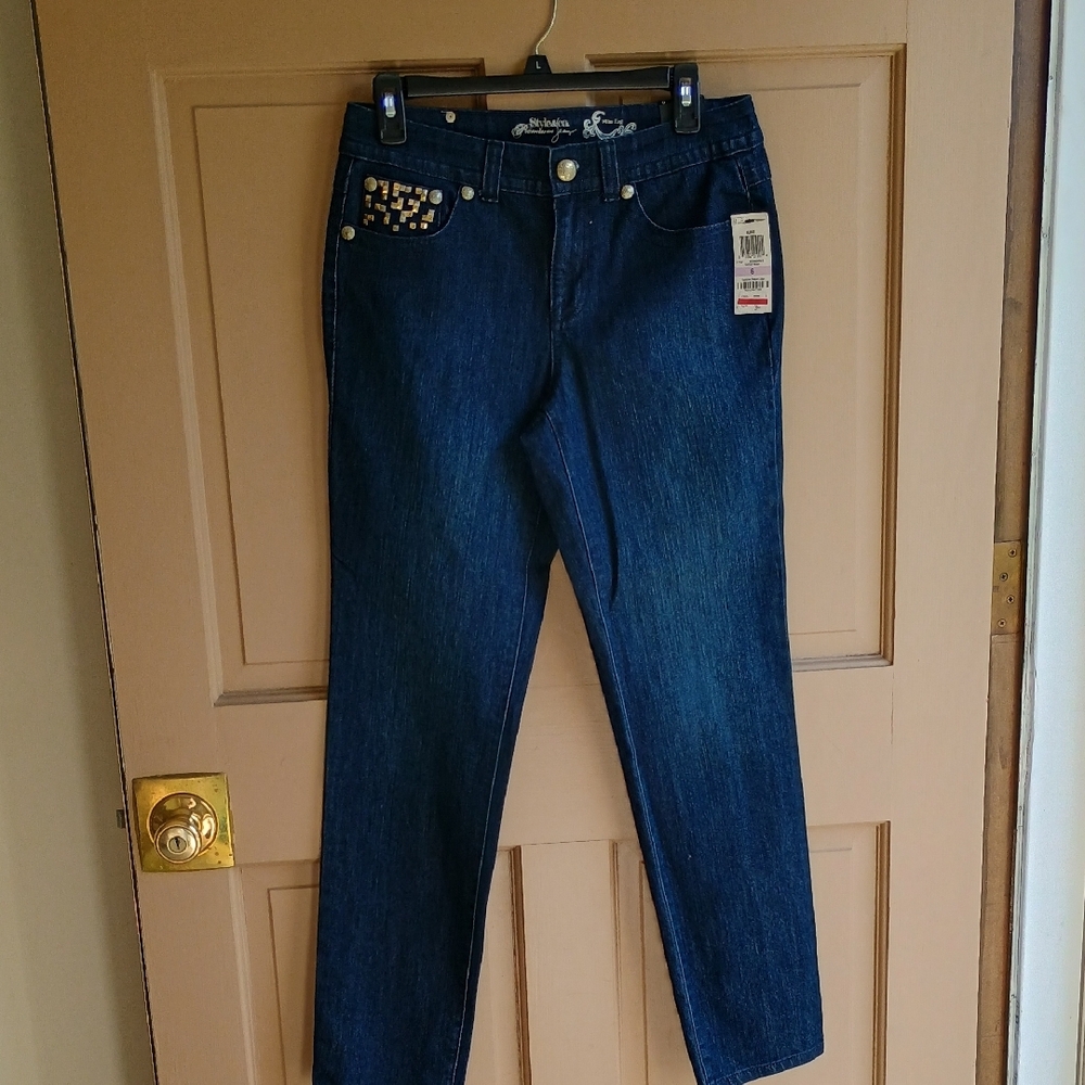 Classic Blue Straight Leg Jeans with Gold Studs SZ 6